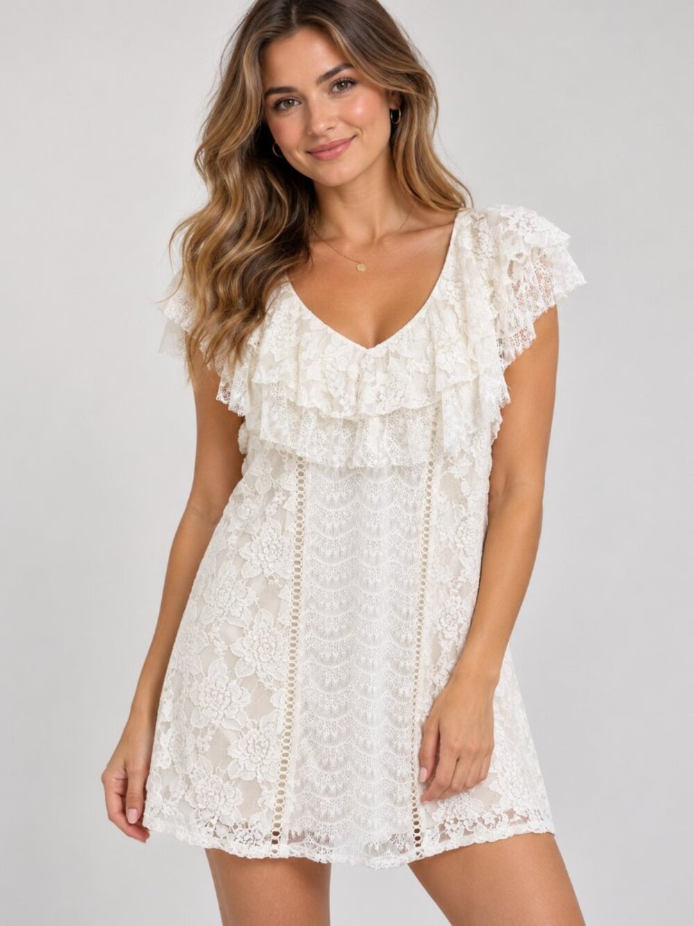 Umgee USA Boutique Ivory Floral Lace Ruffle Mini Dress Size Small